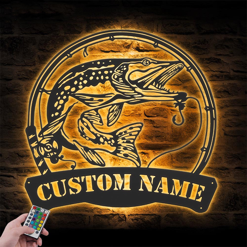 Custom name Northern Pike Fishing wall decor sign with RGB color