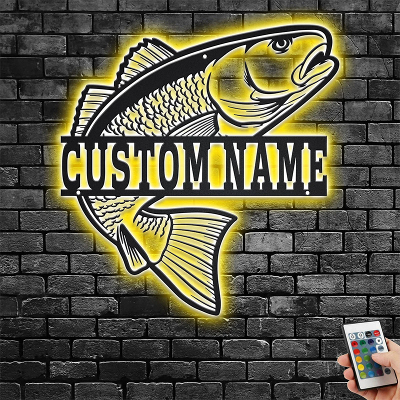 Custom name Black Sea Bass Fishing wall decor sign with RGB color