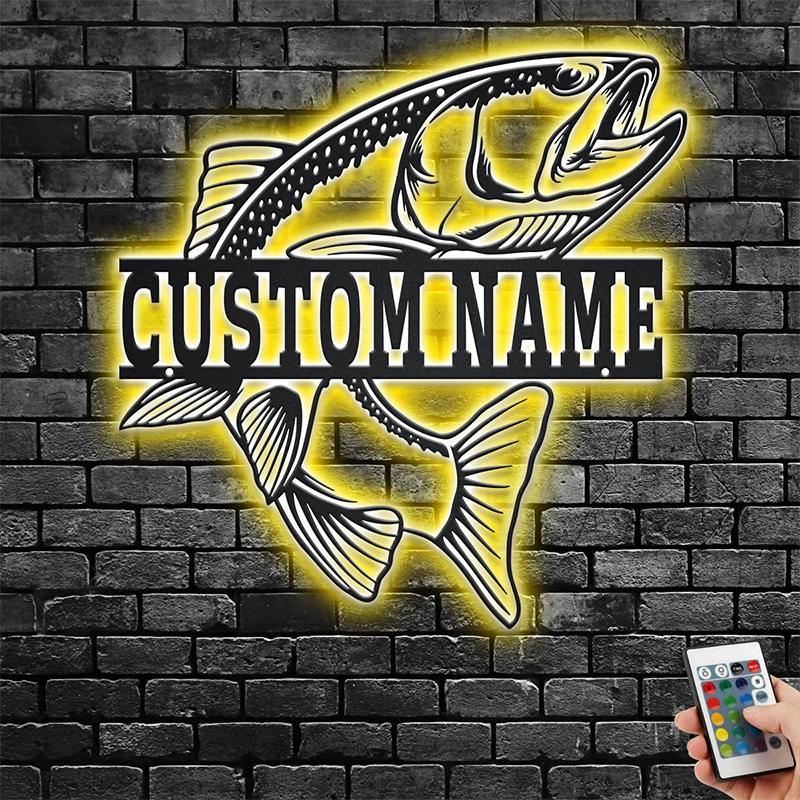 Custom name Rainbow Trout Fishing wall decor sign with RGB color changing  led